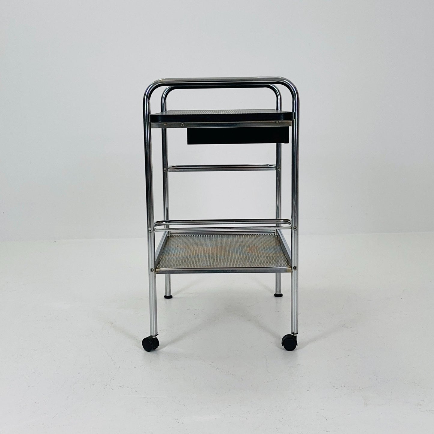 Mid Century Bauhaus Bar Cart, Tubular Chrome & Black Serving Trolley 1980s Germany