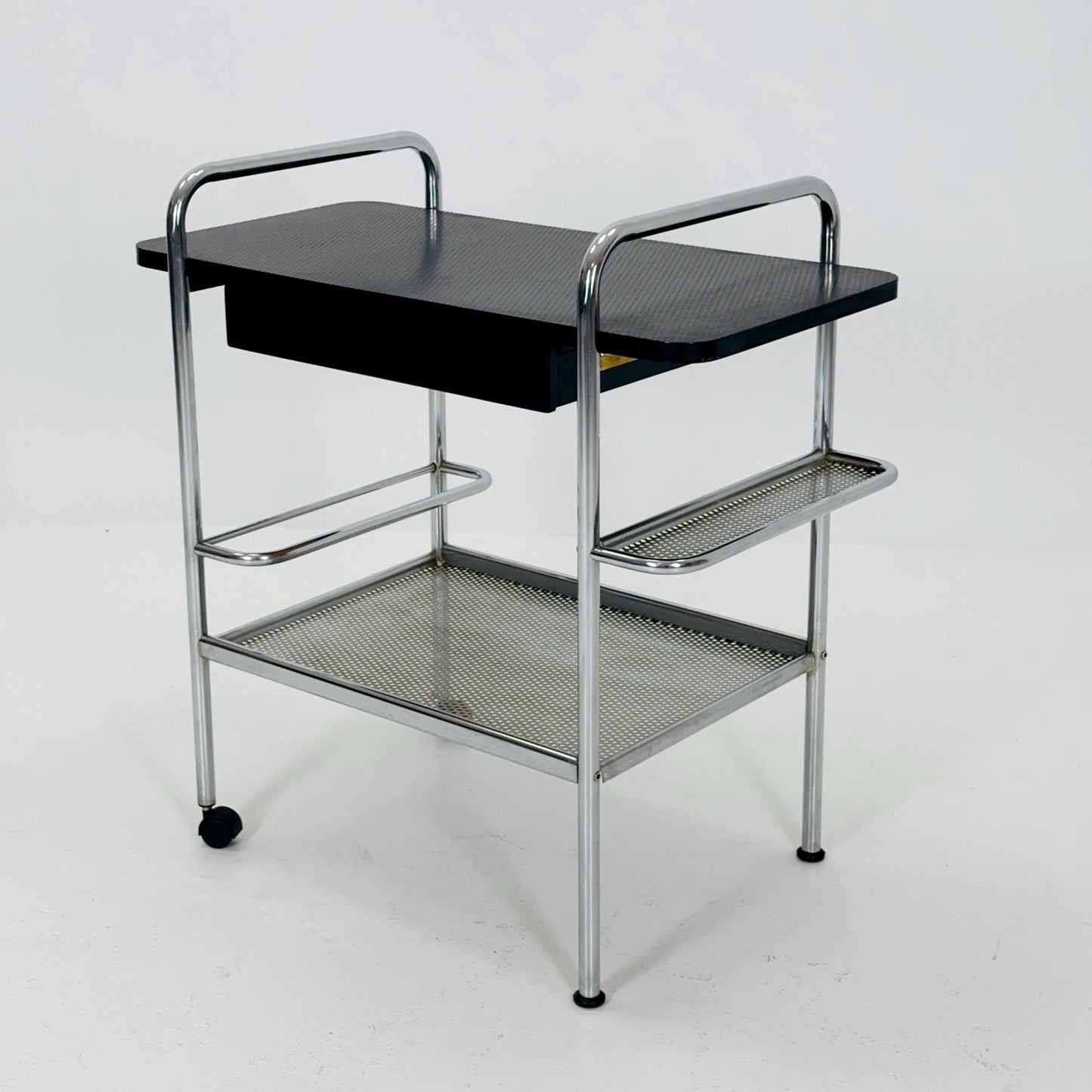 Mid Century Bauhaus Bar Cart, Tubular Chrome & Black Serving Trolley 1980s Germany