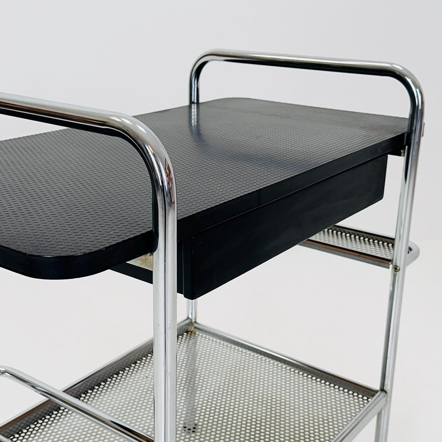 Mid Century Bauhaus Bar Cart, Tubular Chrome & Black Serving Trolley 1980s Germany