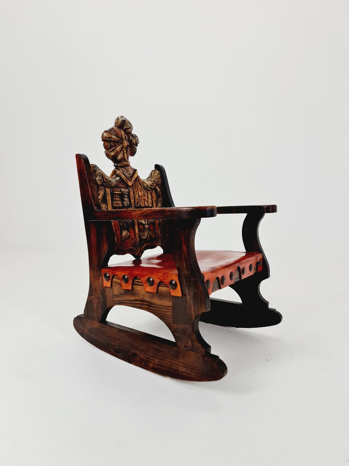 Antique Spanish solid Wood Rocking armchair hand -Carved , 1900s