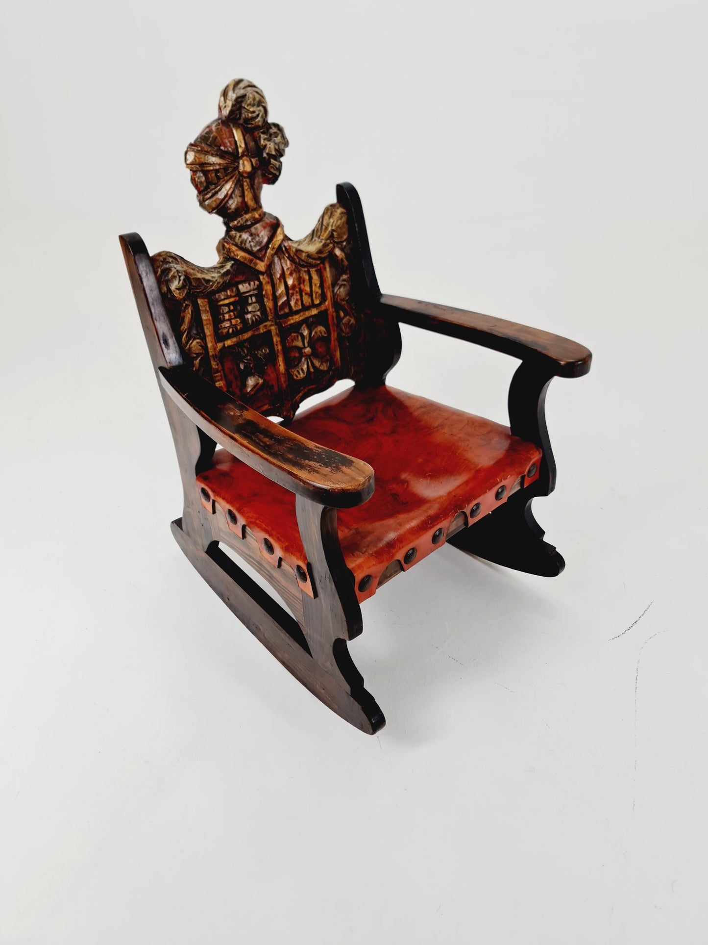 Antique Spanish solid Wood Rocking armchair hand -Carved , 1900s