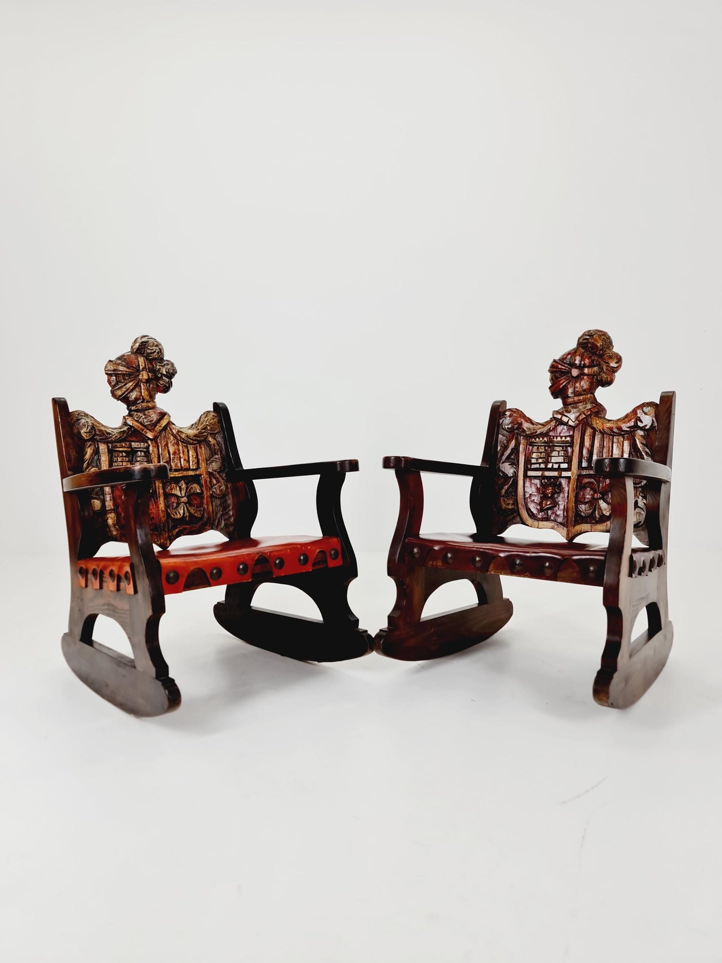 Antique Spanish solid Wood Rocking armchair hand -Carved , 1900s