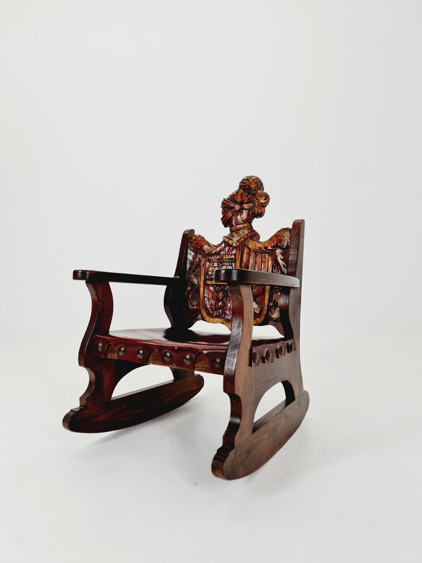 Antique Spanish solid Wood Rocking armchair hand -Carved , 1900s