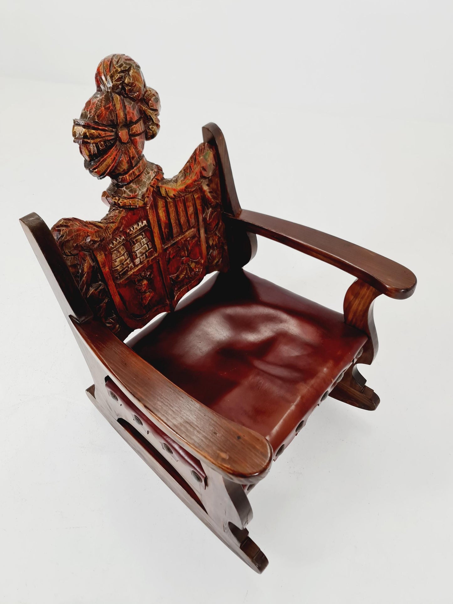 Antique Spanish solid Wood Rocking armchair hand -Carved , 1900s