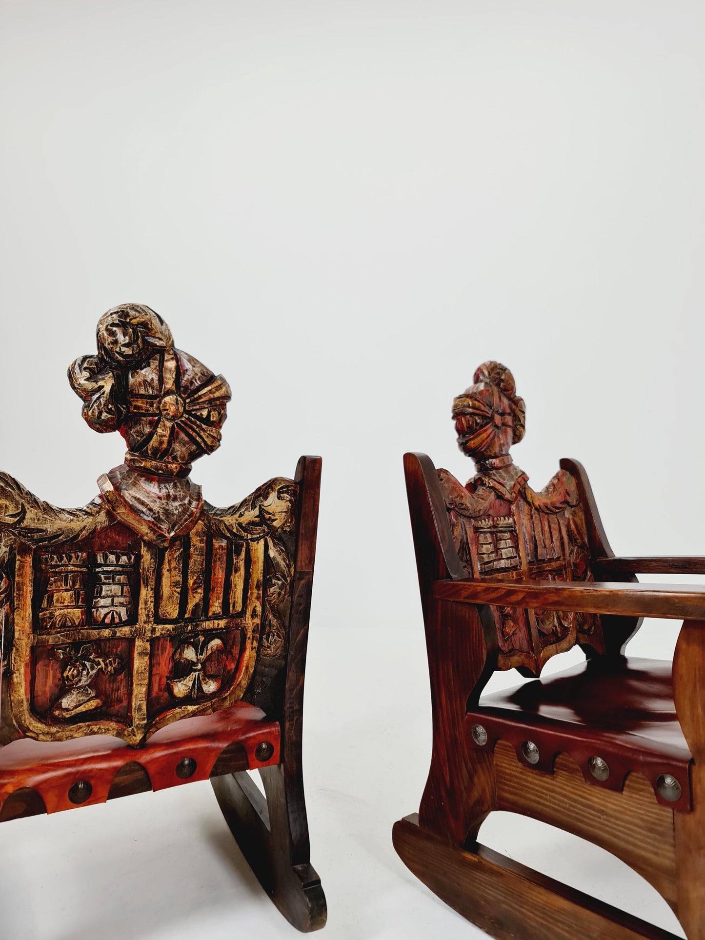 Antique Spanish solid Wood Rocking armchair hand -Carved , 1900s