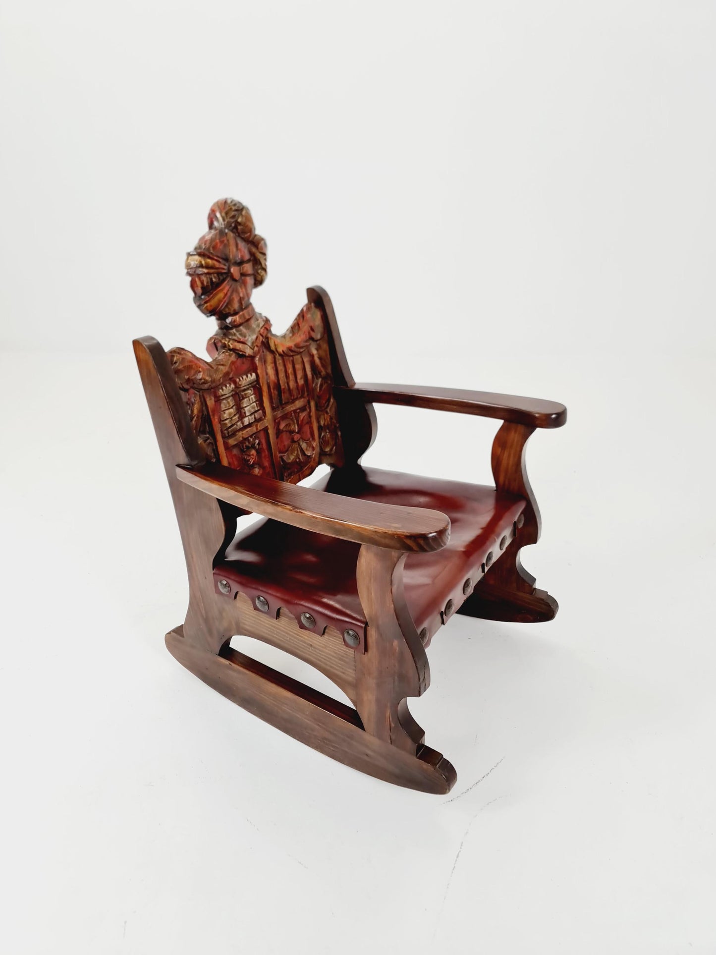 Antique Spanish solid Wood Rocking armchair hand -Carved , 1900s