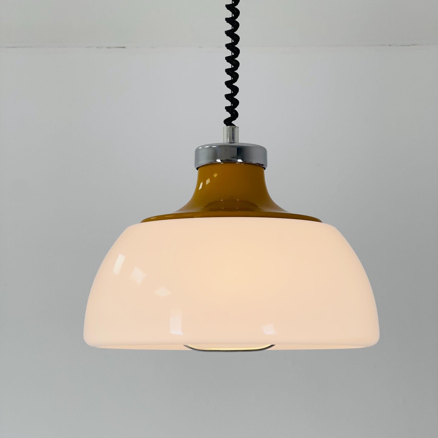 Mid Century Plexiglass Space Age Pendant Lamp with White Acrylic Shade and orange top 1970s