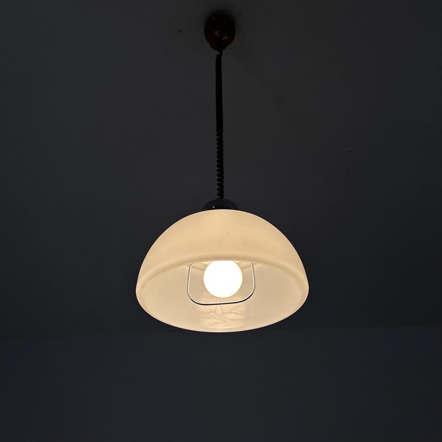 Mid Century Plexiglass Space Age Pendant Lamp with White Acrylic Shade and orange top 1970s