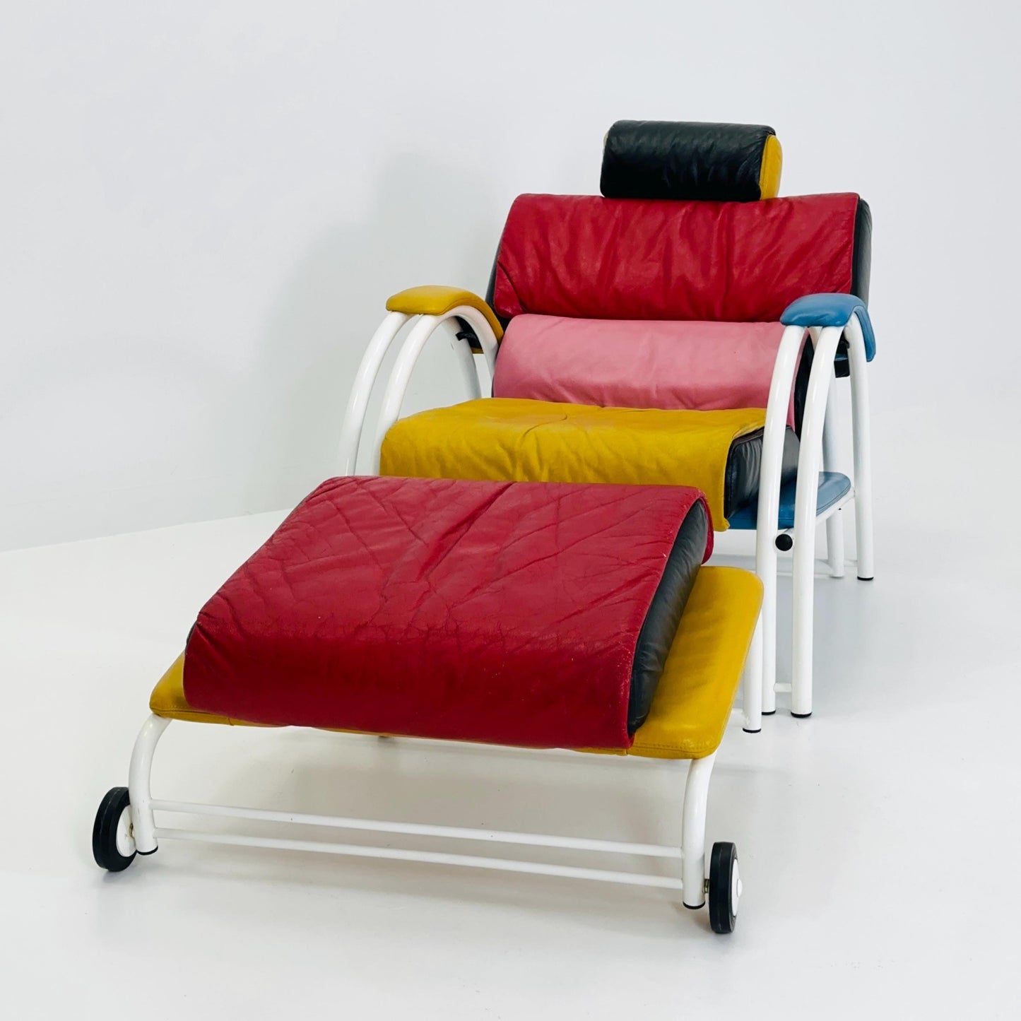 Mid Century Postmodern Memphis Style Leather Reclining Lounge Chair & Ottoman by Ettore Sottsass, Italy 1980s