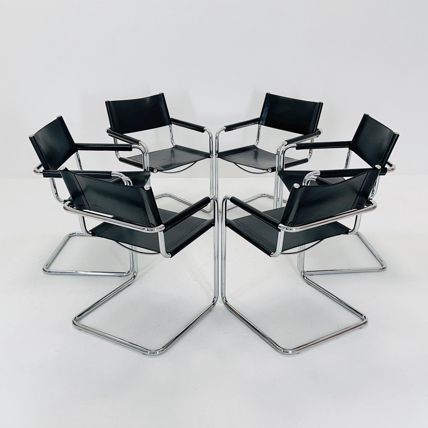 Set of 6 Mid century B34 Matteo Grassi Mg5 black leather cantilever chairs by Mart Stam italy 1980s