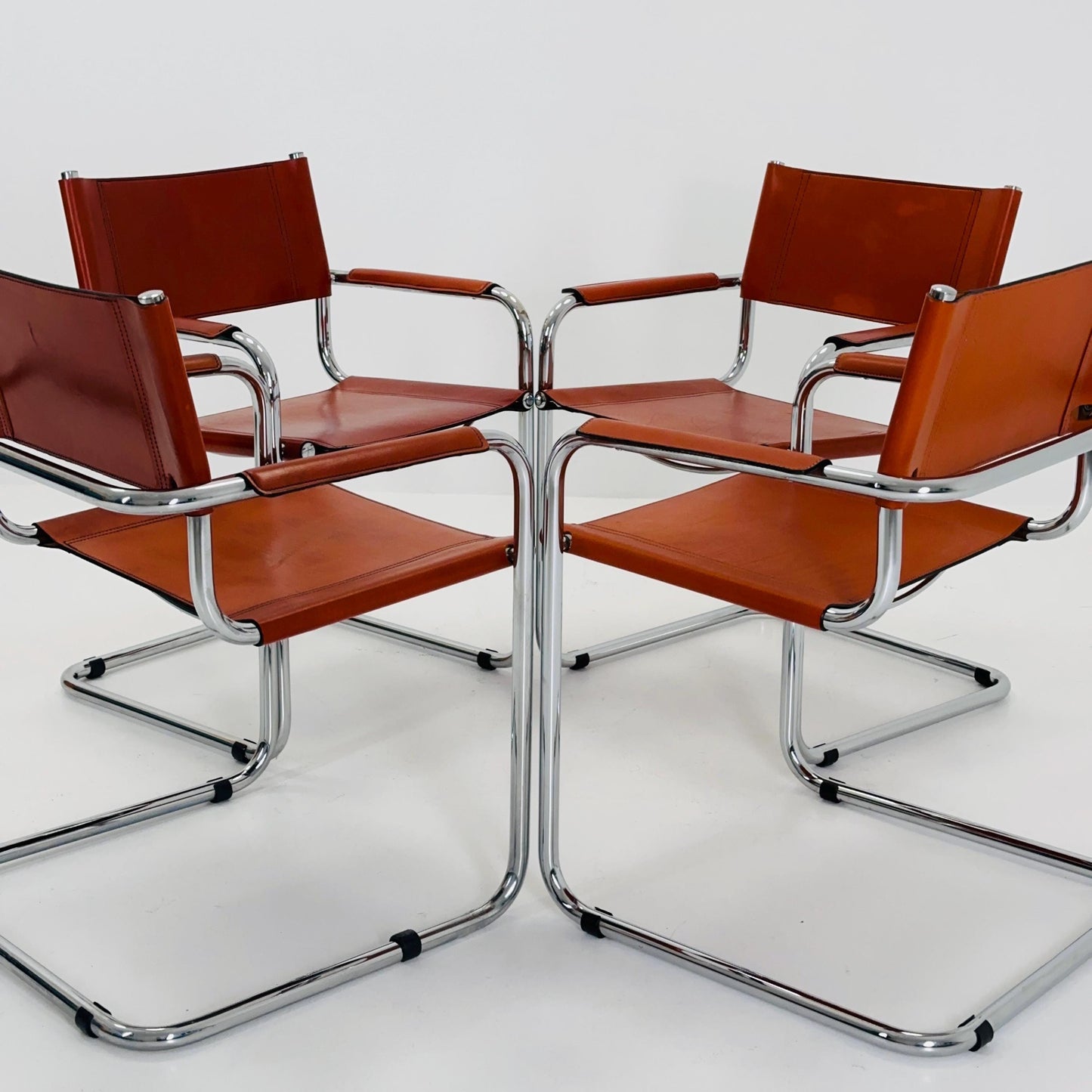 Set of 4 Mid century Model S34 Cognac Leather armchairs by Mart Stam & Marcel Breuer 1980s Italy