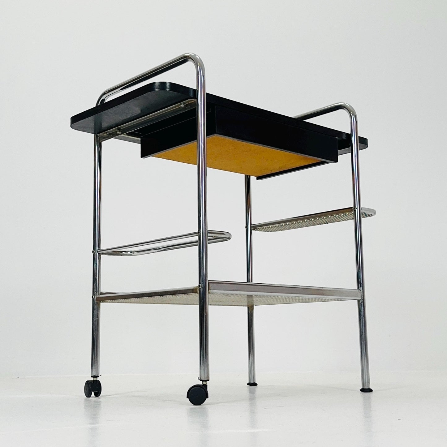 Mid Century Bauhaus Bar Cart, Tubular Chrome & Black Serving Trolley 1980s Germany