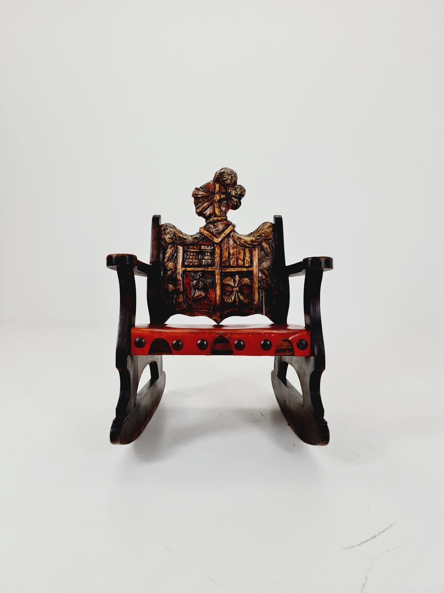 Antique Spanish solid Wood Rocking armchair hand -Carved , 1900s