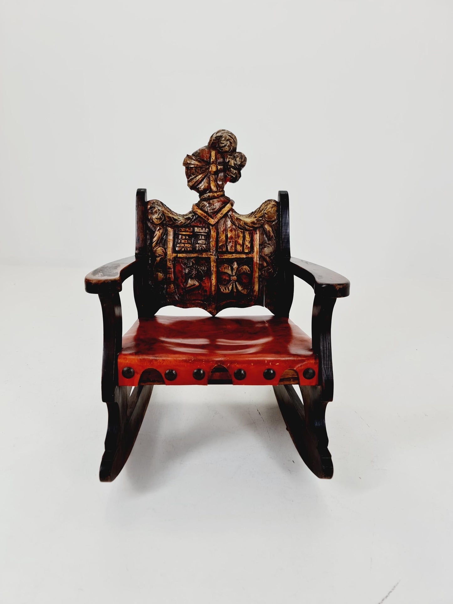 Antique Spanish solid Wood Rocking armchair hand -Carved , 1900s