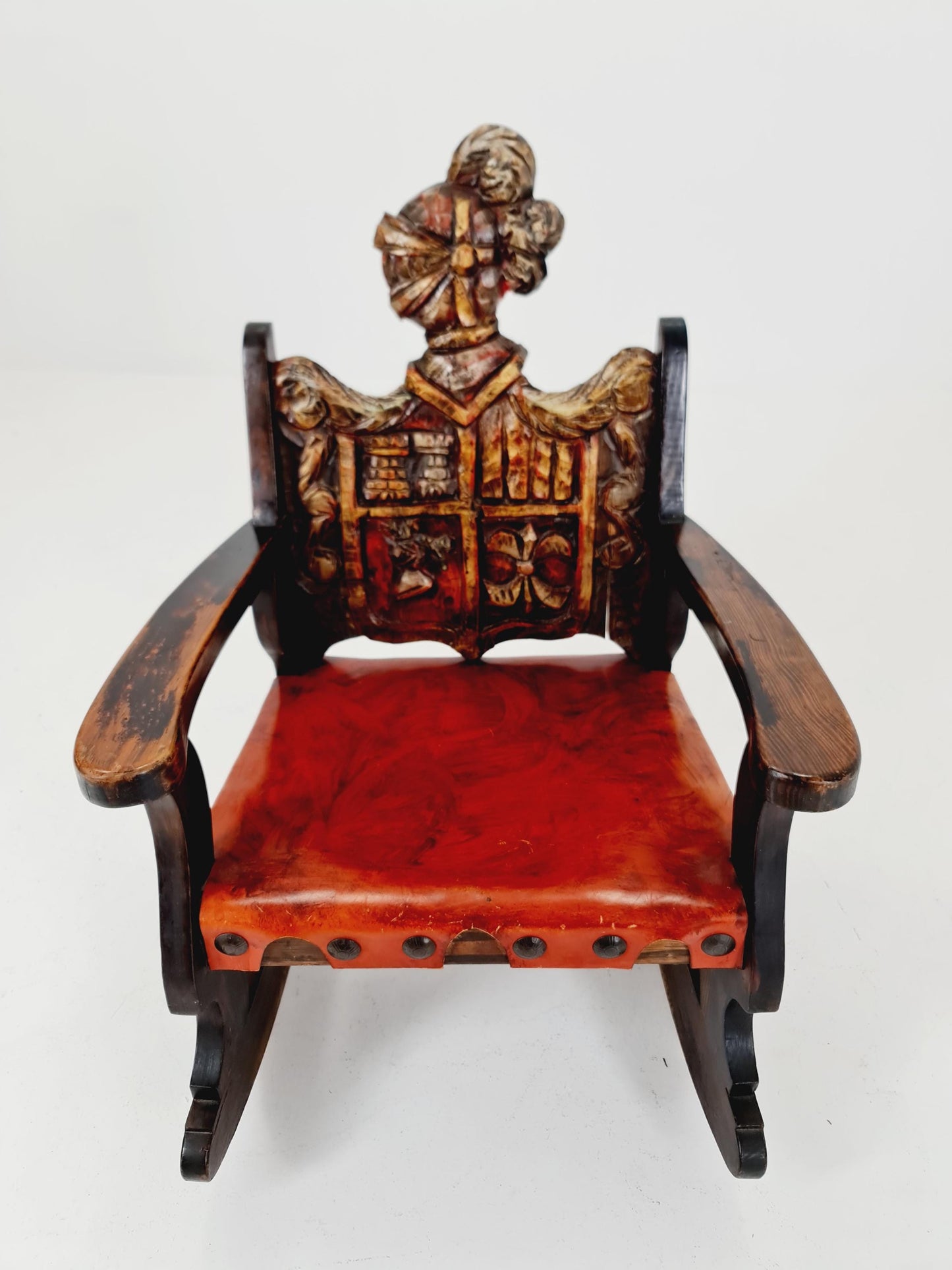 Antique Spanish solid Wood Rocking armchair hand -Carved , 1900s