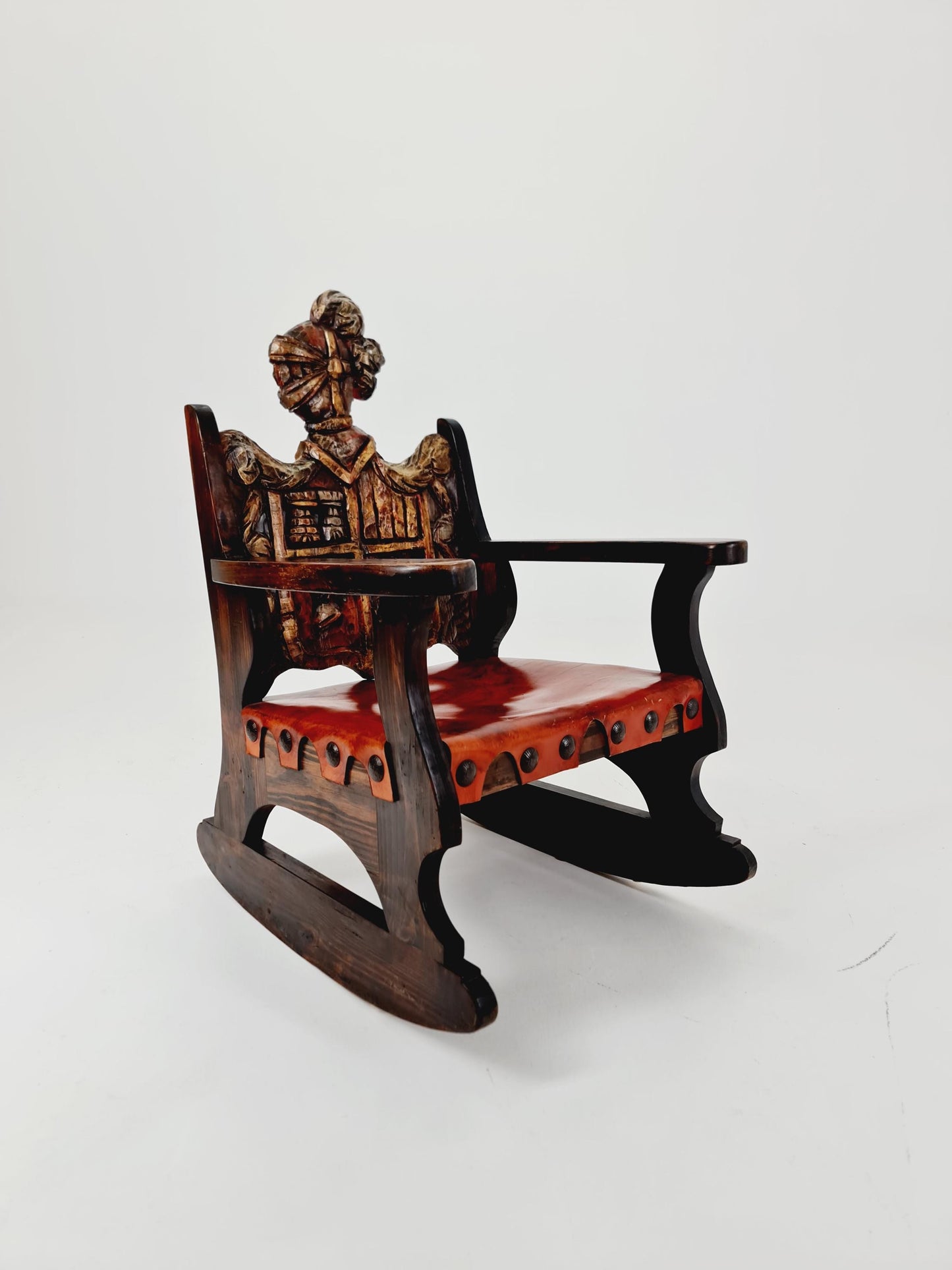 Antique Spanish solid Wood Rocking armchair hand -Carved , 1900s