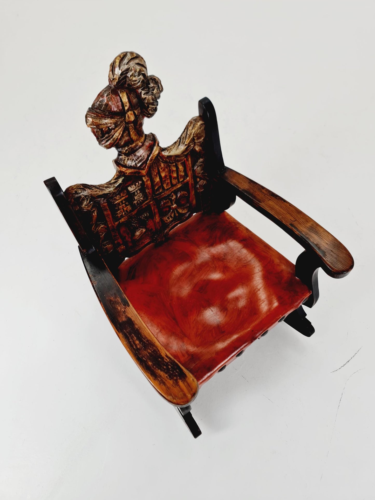 Antique Spanish solid Wood Rocking armchair hand -Carved , 1900s