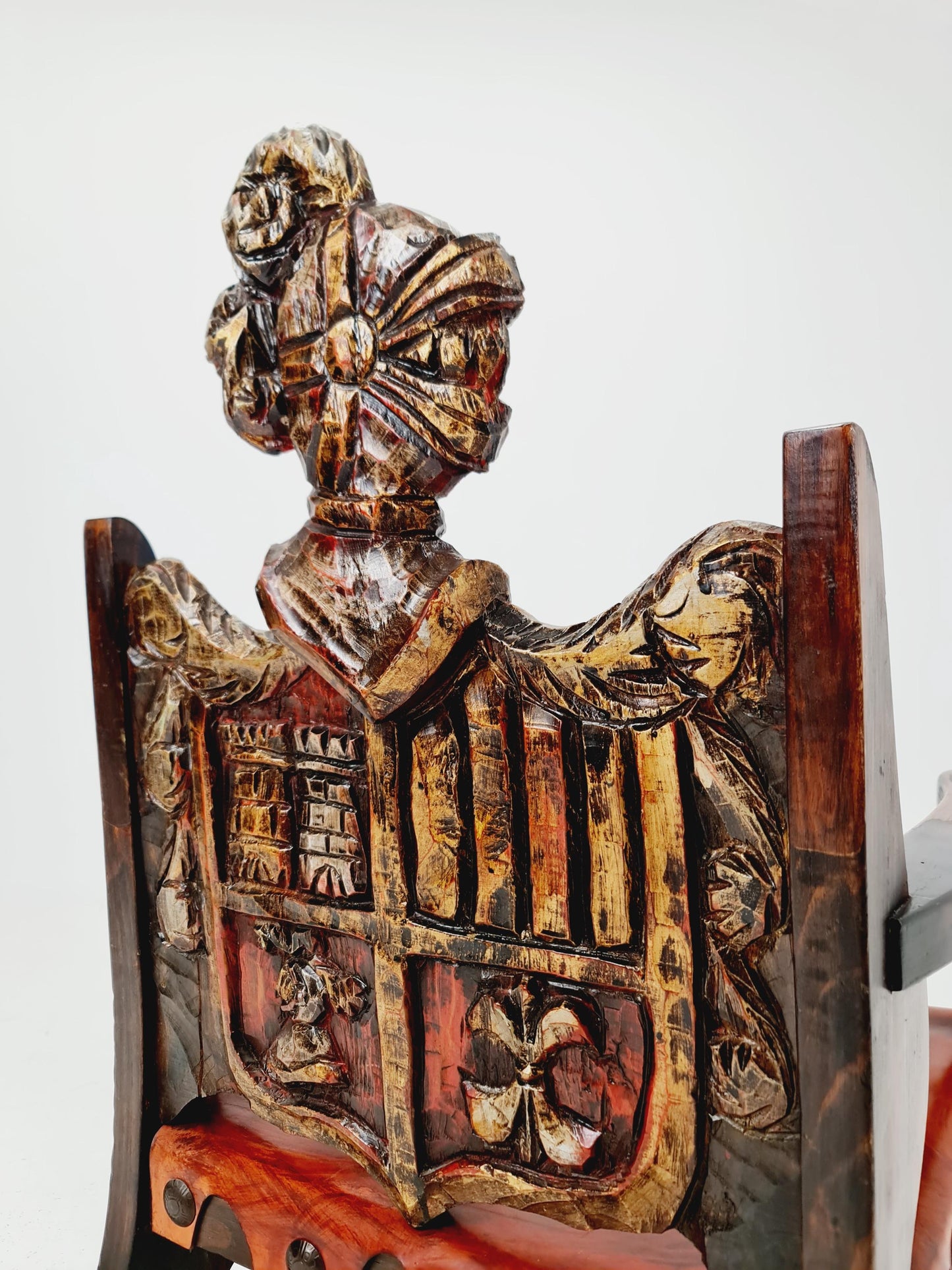 Antique Spanish solid Wood Rocking armchair hand -Carved , 1900s