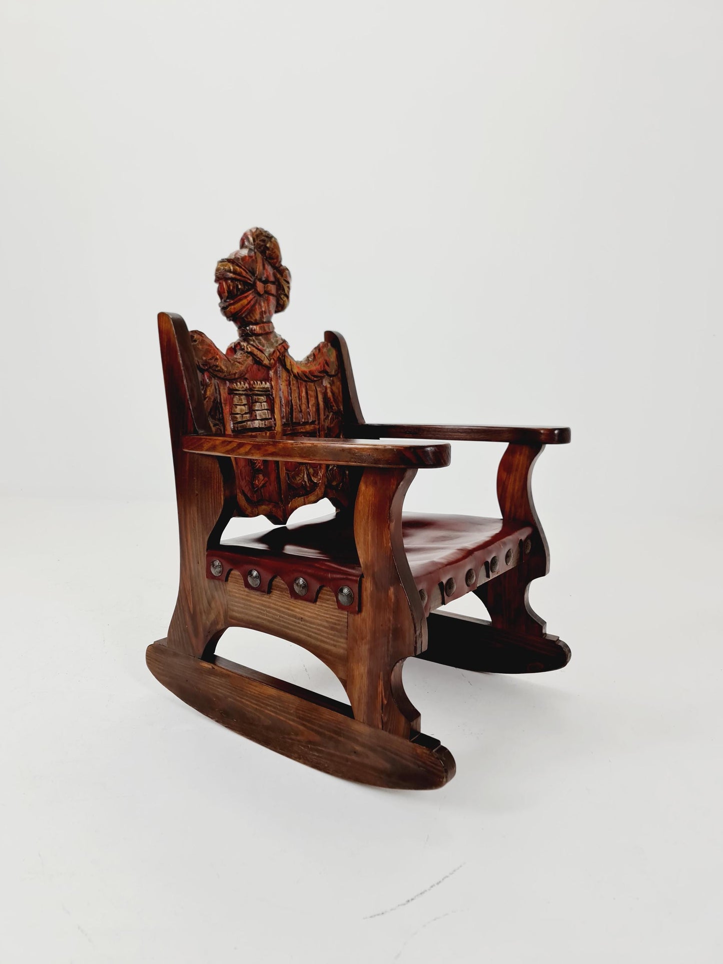 Antique Spanish solid Wood Rocking armchair hand -Carved , 1900s
