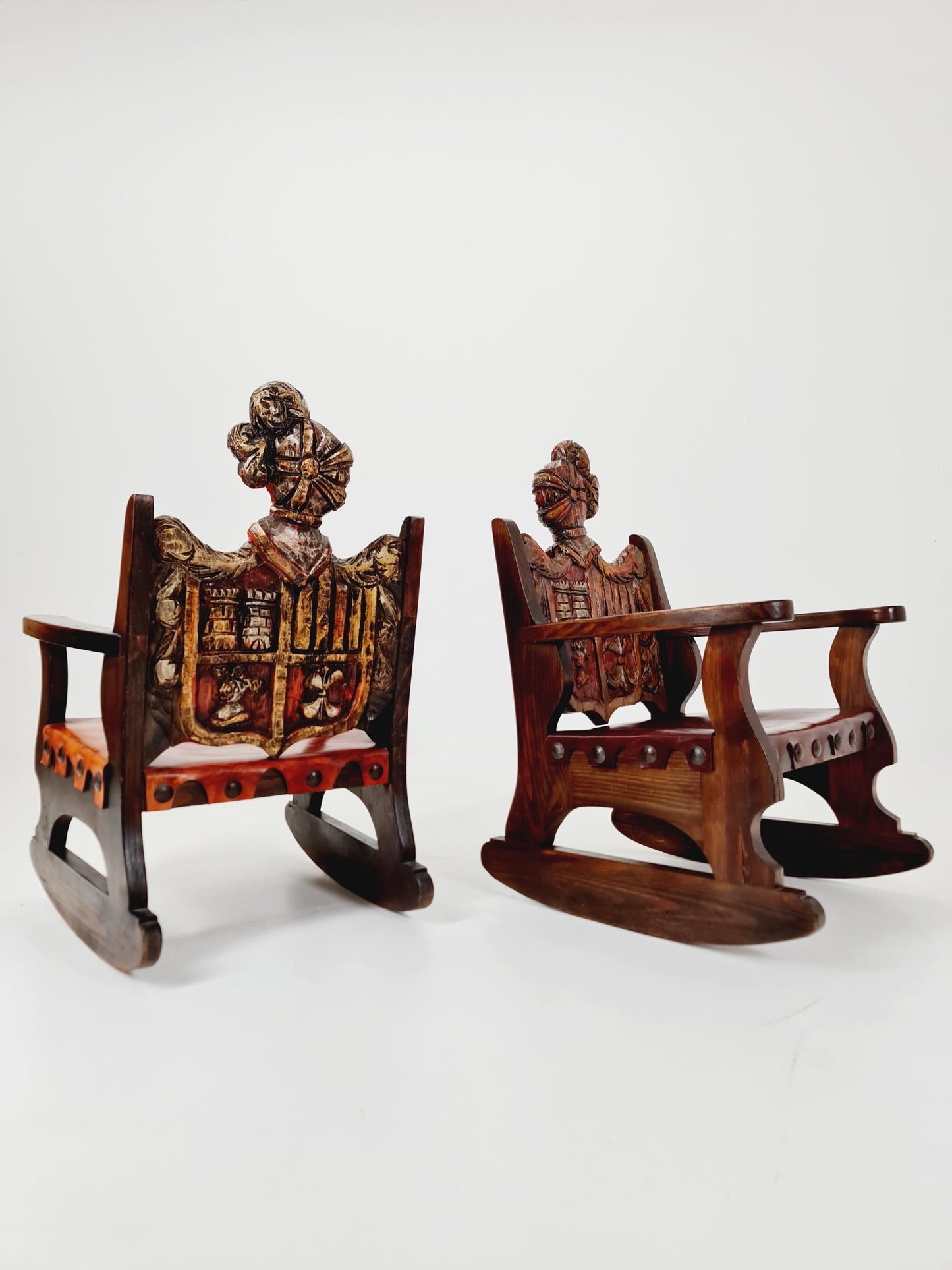 Antique Spanish solid Wood Rocking armchair hand -Carved , 1900s