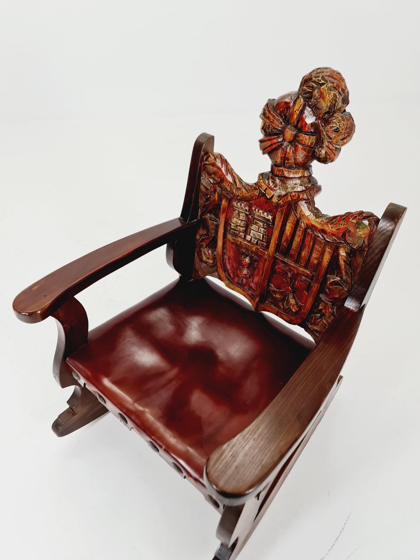 Antique Spanish solid Wood Rocking armchair hand -Carved , 1900s
