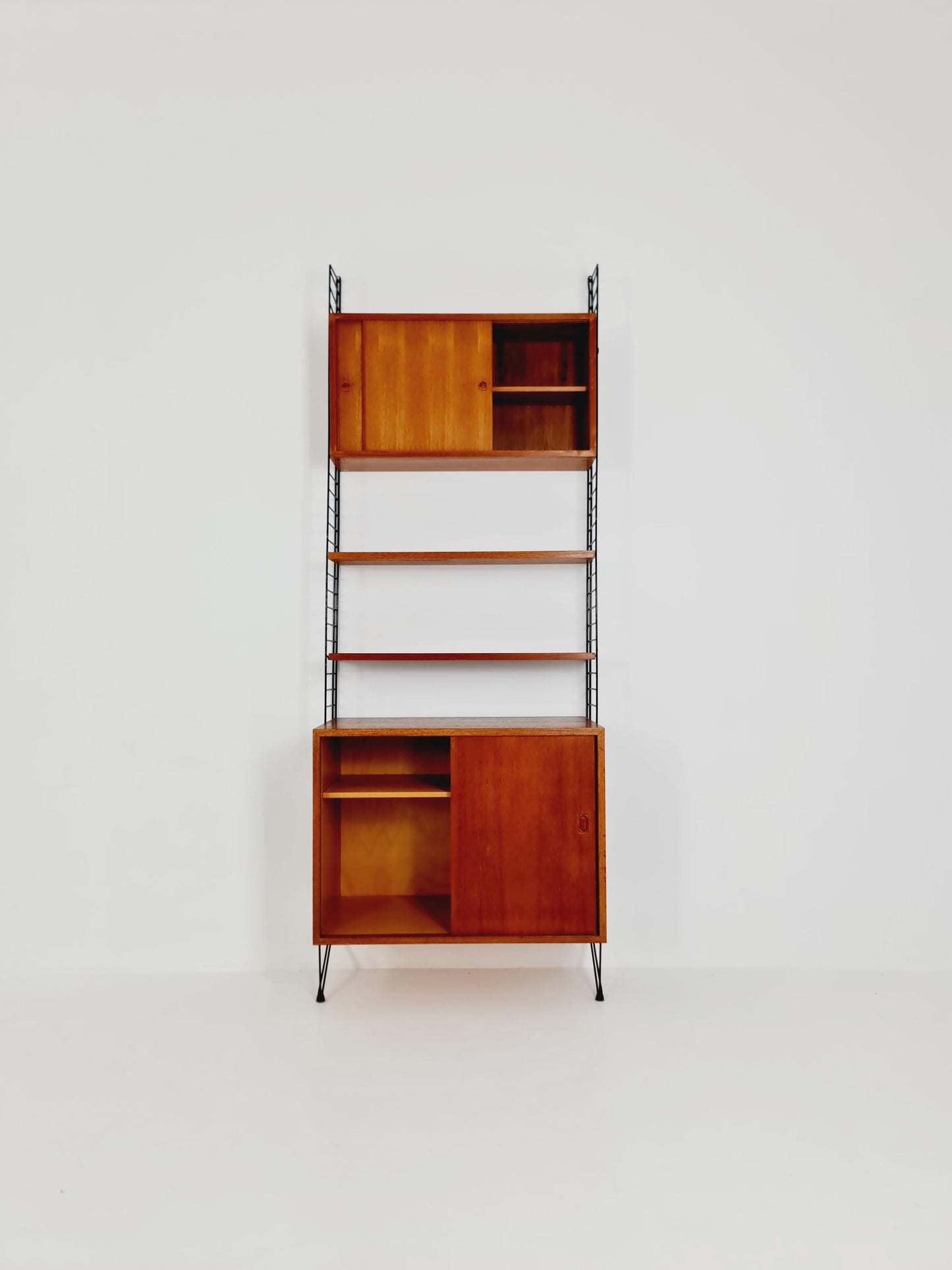Wall-mounted original Swedish string shelf-system, drawers, bookcase teak wood by Nils & Kajsa Strinning, 1960s