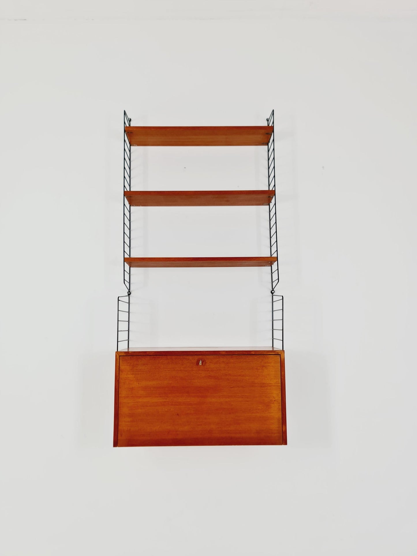 Wall-mounted original Swedish string shelf-system, bookcase teak wood by Nils & Kajsa Strinning, 1960s