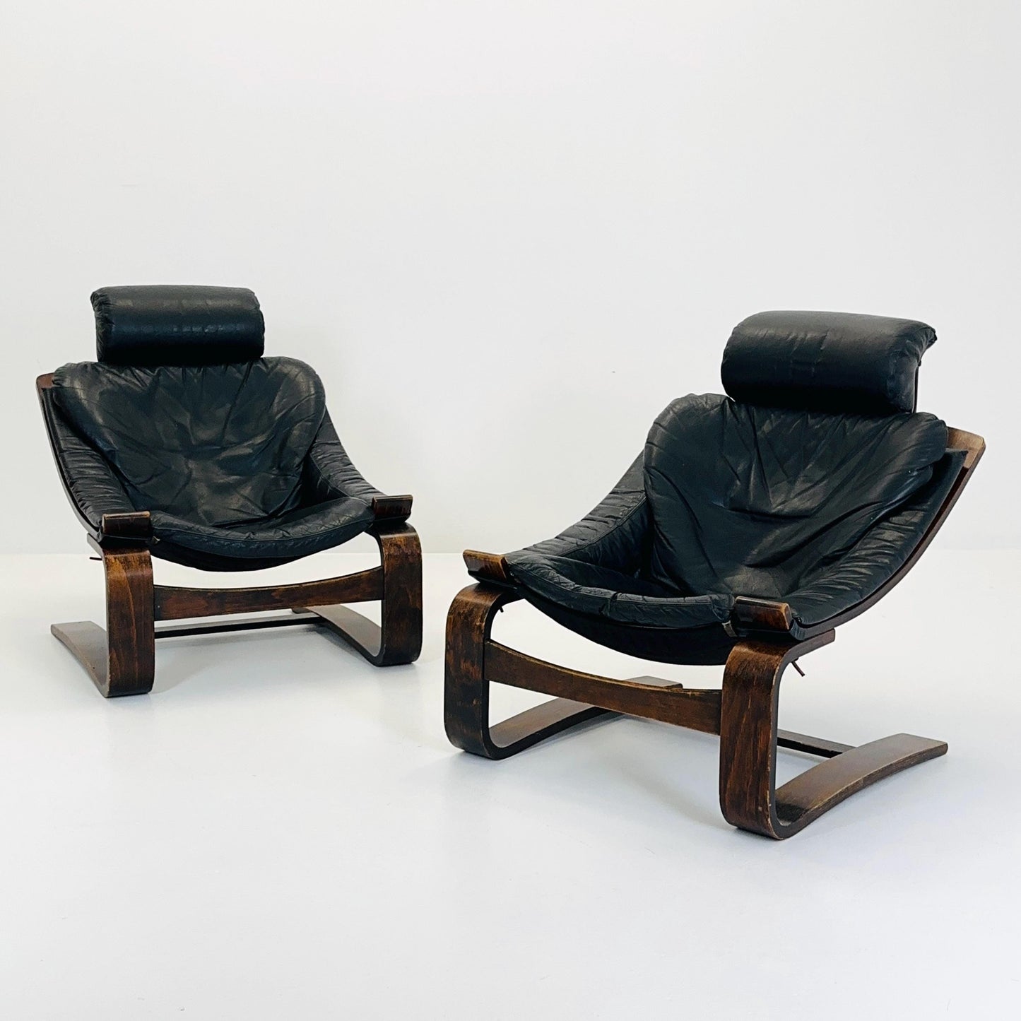 Set of Two Mid-Century Black Leather Armchairs by Åke Fribytter for Nelo Möbler, Sweden, 1970s