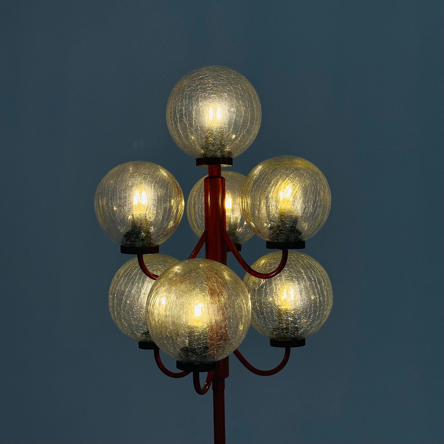 Mid-Century 7-Arm Space Age Floor Lamp by Kaiser, Germany, 1960s — Red Metal Base & Frosted Glass Shades