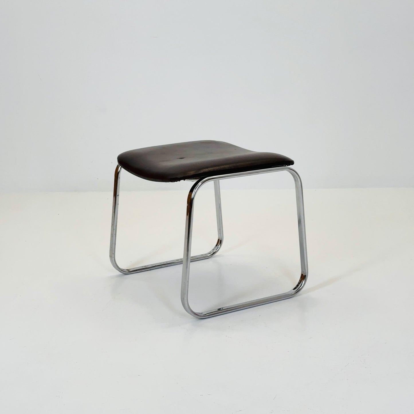 Mid-Century Bauhaus Chrome Stool with Brown Leather | Germany 1980s | Vintage Industrial Seating