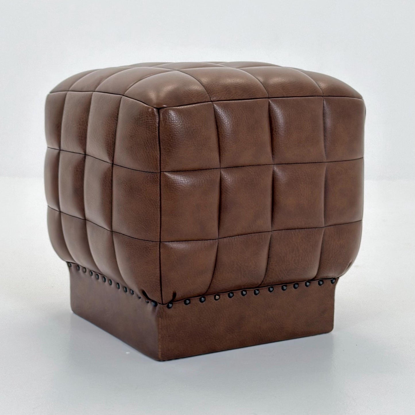Mid-Century Cubist Brown Leather Stool / Ottoman – Quilted Patchwork Design – Germany, 1980s