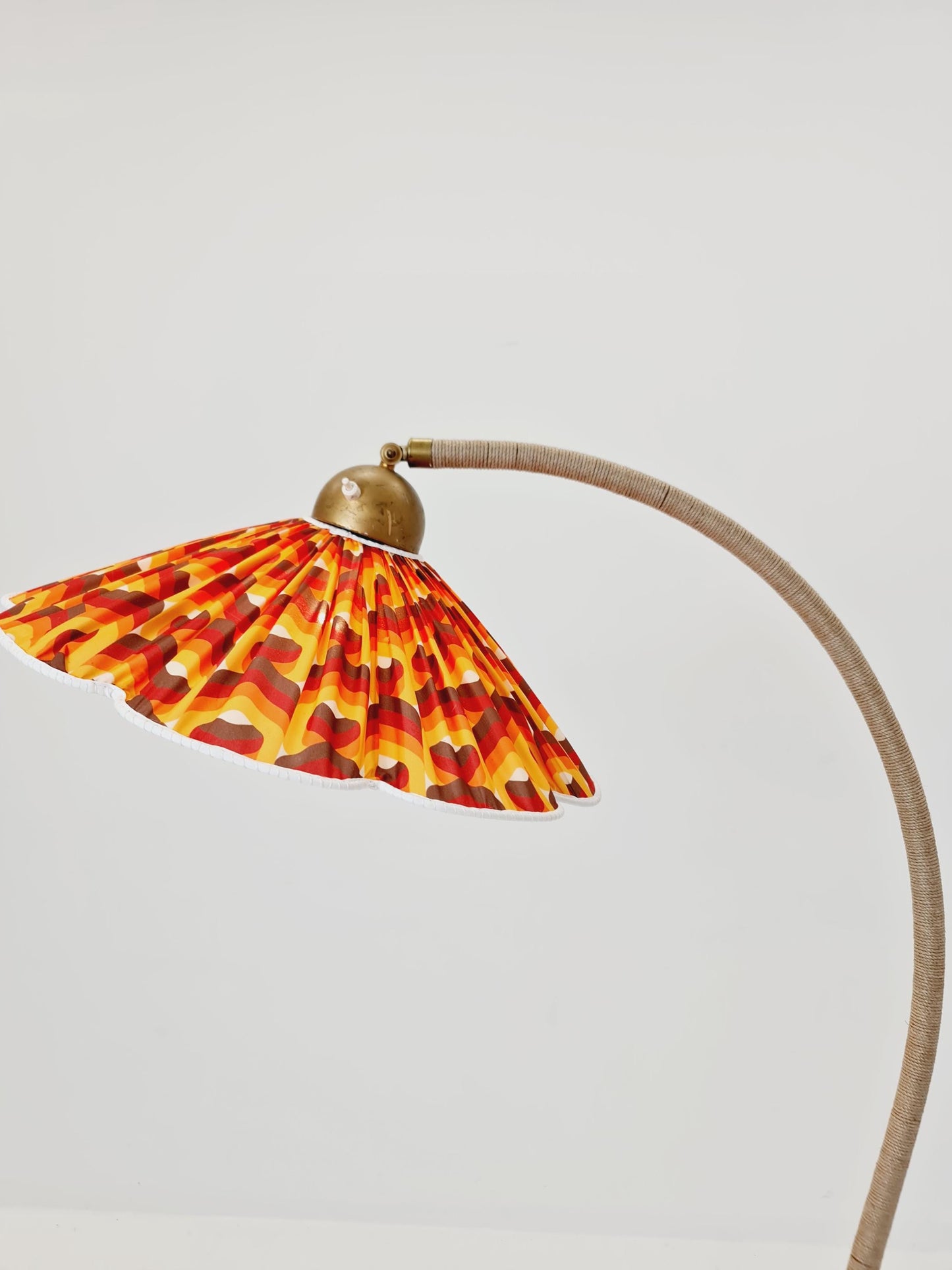 Rare Midcentury vintage gooseneck floor lamp in Wood and Dansih cord shade by Marksljöd Sweden, 1940s