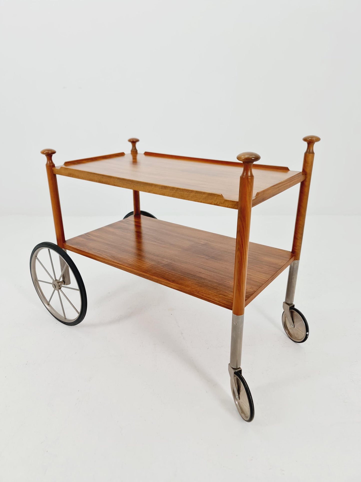 Vintage German trolley bar cart in Walnut & Chrome By Wilhem Renz , 1960s