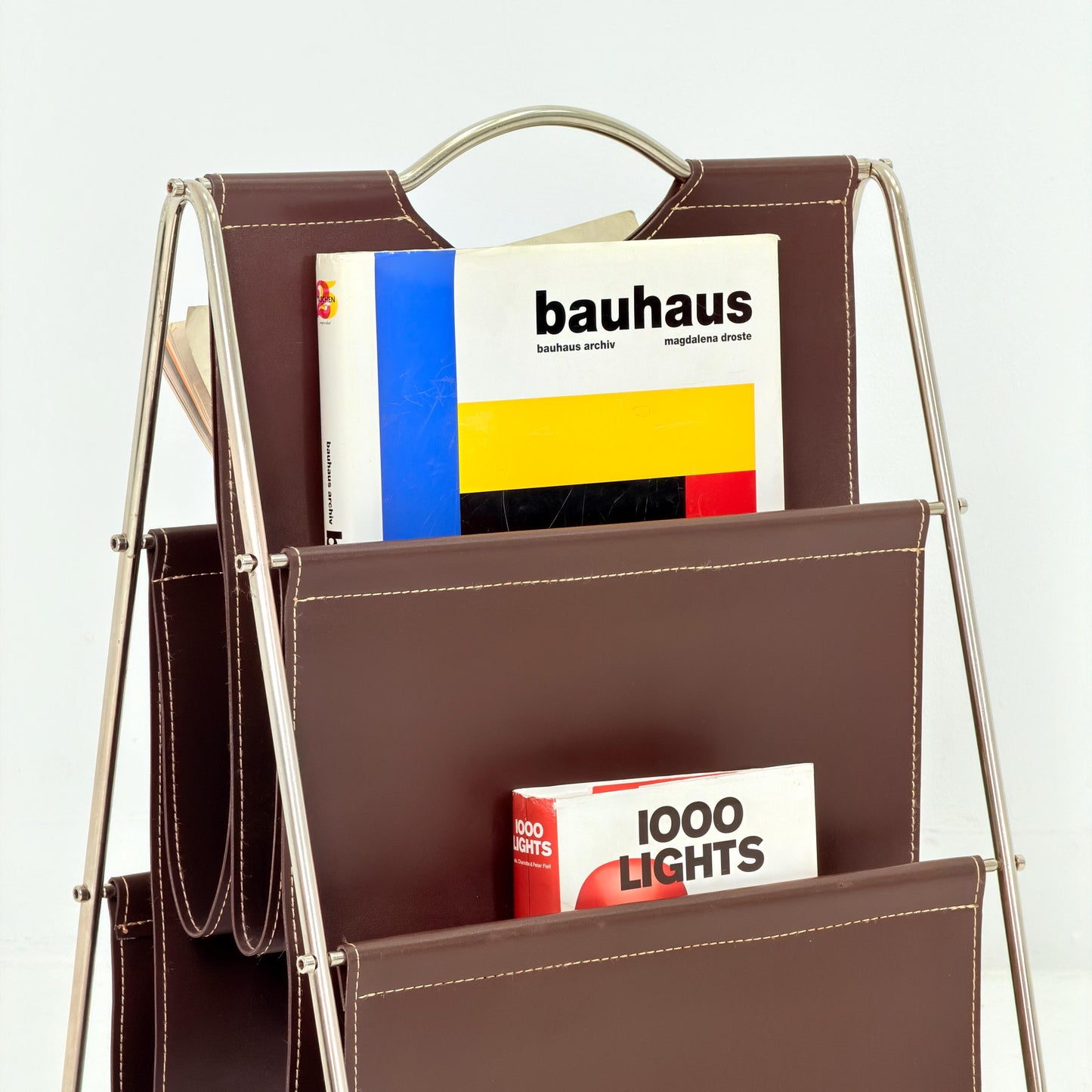 Mid-Century Bauhaus Brown Leather Magazine Rack – Germany, 1980s