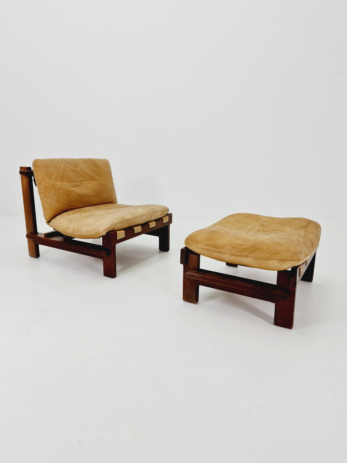 mid century lounge chair with ottoman in leather and wood By Carl Straub Germany , 1960s