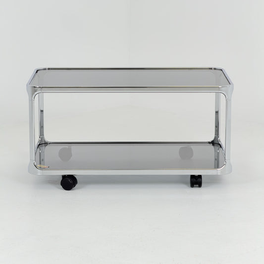 Mid century modern Bauhaus Smoked Glass Bar Cart | Planilux Grey Glass & Chrome Italy 1980s