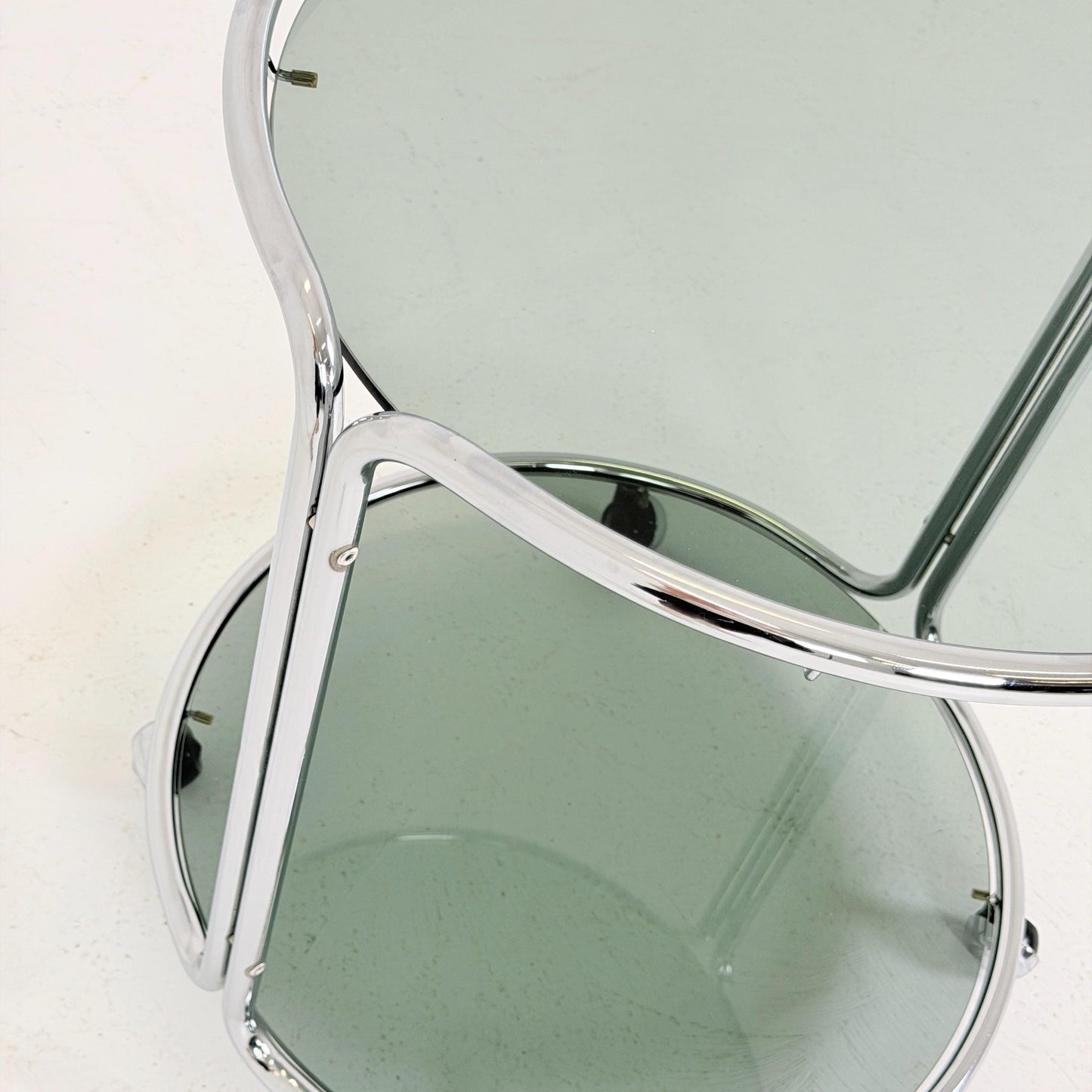 Mid century Chrome bar cart/serving trolley. Smoked glass Bauhaus Italy 1980s