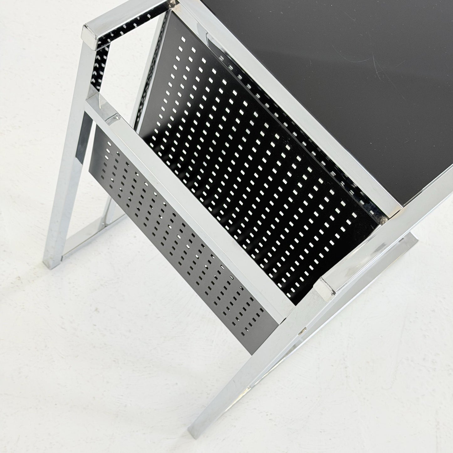 Mid-Century Style Italian Side Table & Magazine Rack | Chrome Black Glass | Italy