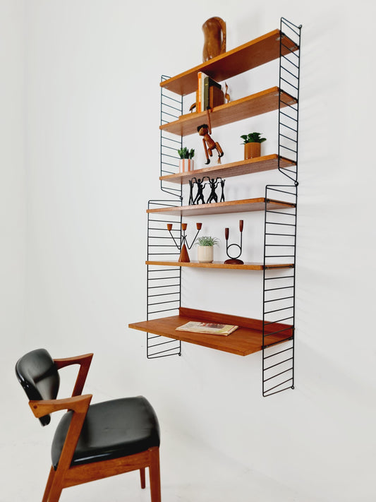 Wall-mounted original Swedish string shelf-system, bookcase teak wood by Nils & Kajsa Strinning, 1960s