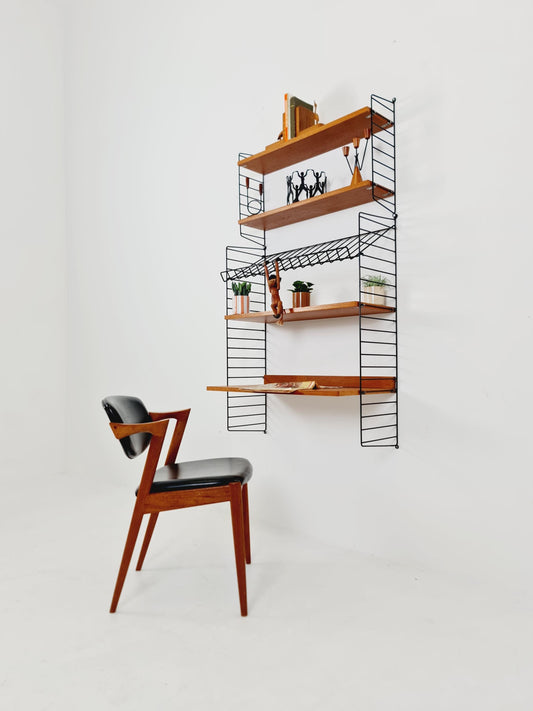 Wall-mounted original Swedish string shelf-system, bookcase teak wood by Nils & Kajsa Strinning, 1960s