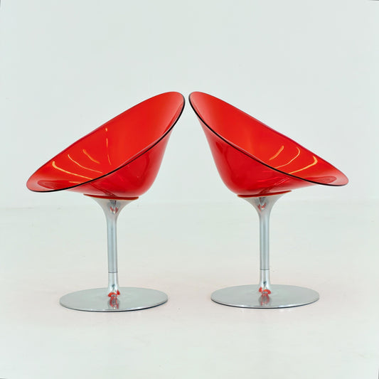 1 of 2 Mid Century Philippe Starck Eros Lounge Chair for Kartell, Red Plexiglass Swivel Armchair, 1990s Italy