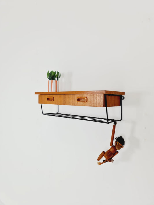 Scandinavian string teak floating/ hanging bedside table/ nightstand, 1960s