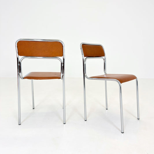 Set of 2 Mid Century Bauhaus minimalistic Tubular Chairs | brown Faux Leather | Minimalist Stackable Chair | 1980s Italy