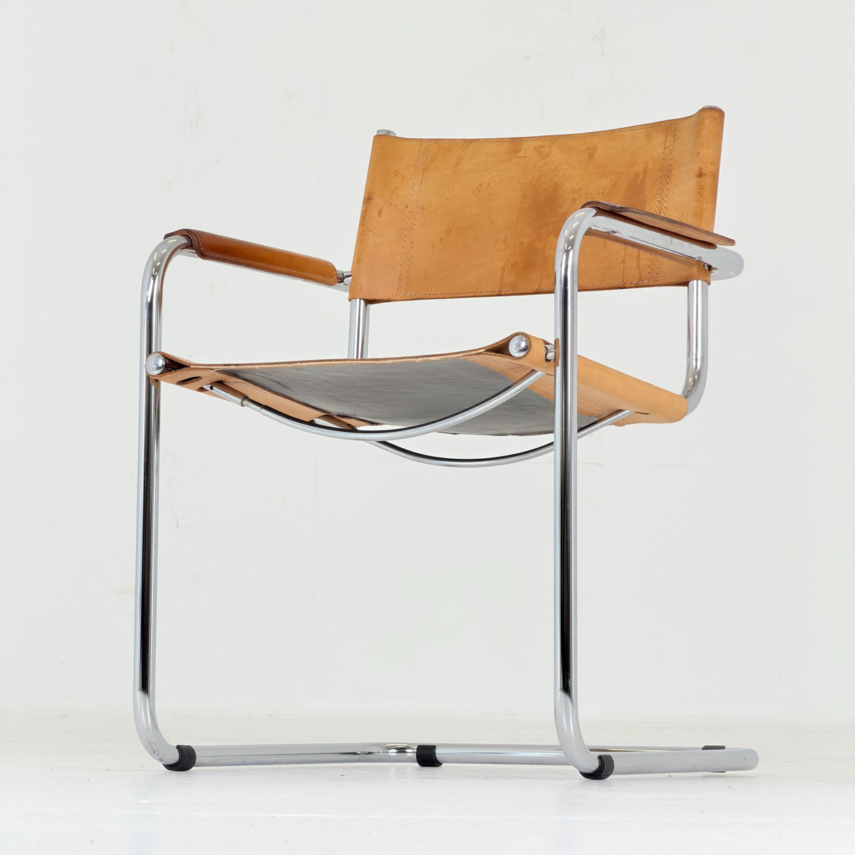 Mid Century S34 Cognac Leather Armchair by Mart Stam, Bauhaus Chrome Chair, Italy 1980s