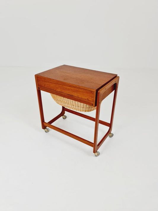 Vintage Danish teak and rattan sewing table/ side table cabinet By BR Gelsted , 1960s