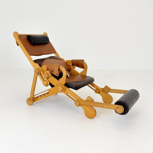 Rare Mid century Adjustable Reclining Lounge Chair – Leather & Beech Wood – IENA Award Label 1970s German