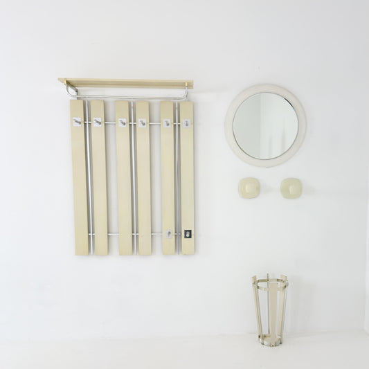 Mid Century Wall Wardrobe & Mirror Set, Entryway Coat Rack, Chrome - White Wood, Vintage Hallway Set, Umbrella Stand 1970s Germany