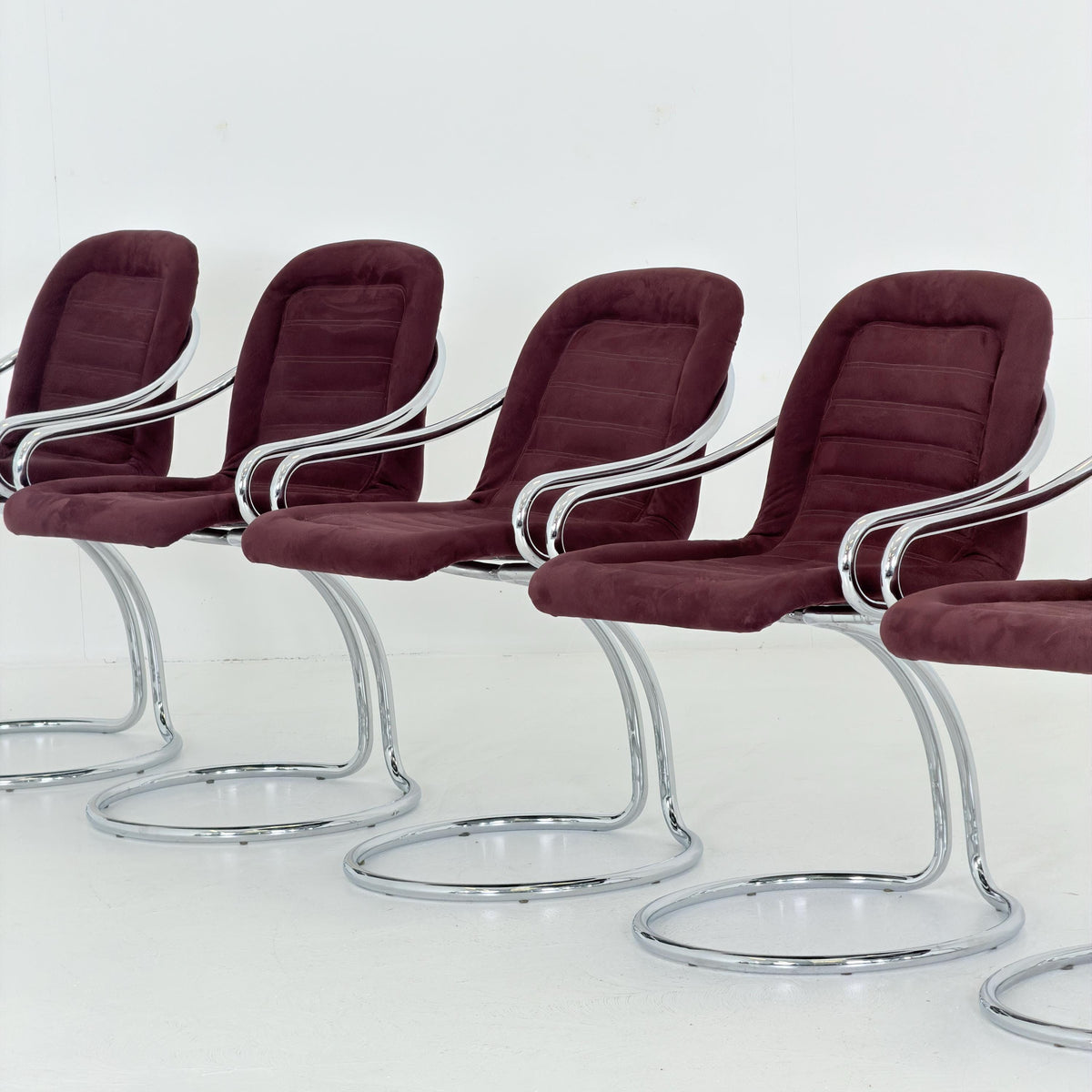 Set of 6 Mid century Cantilever Dining Chairs by Gastone Rinaldi Cantilever wine red – for RIMA Italy 1970s