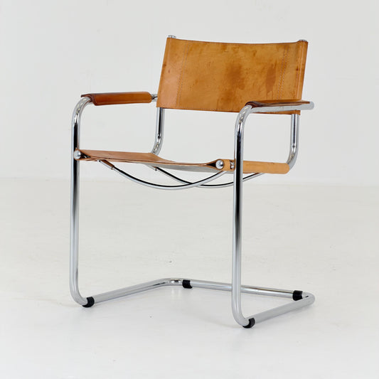 Mid Century S34 Cognac Leather Armchair by Mart Stam, Bauhaus Chrome Chair, Italy 1980s