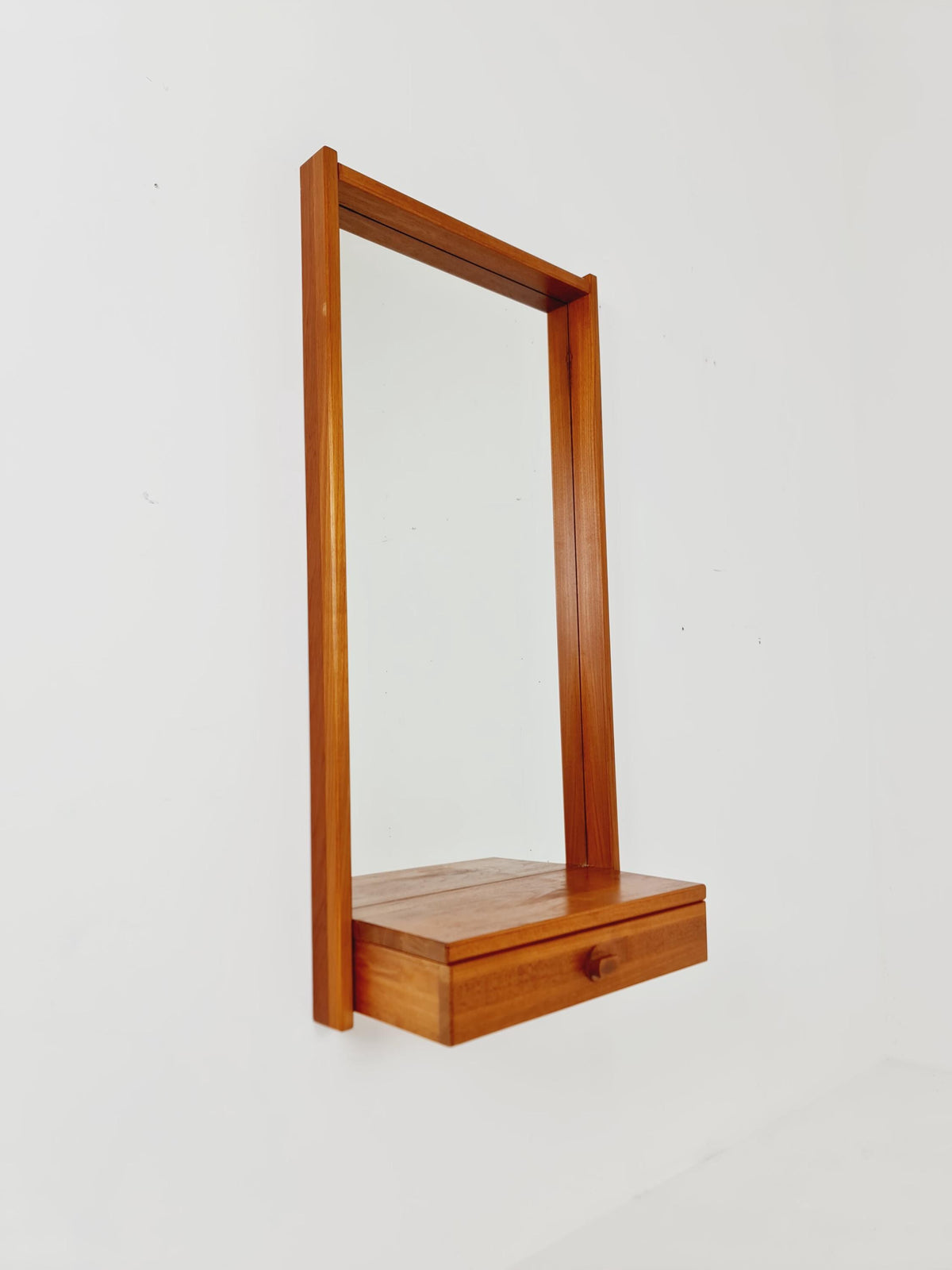 Mid Century Danish Solid Teak Wall Mirror with Drawer BY Roni Sunds For A/S Möbelfabrik , 1960s
